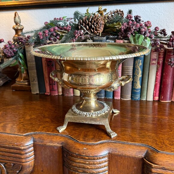 Vintage Ornate Brass Pedestal Bowl with Claw Feet and Faces - Picture 1 of 17